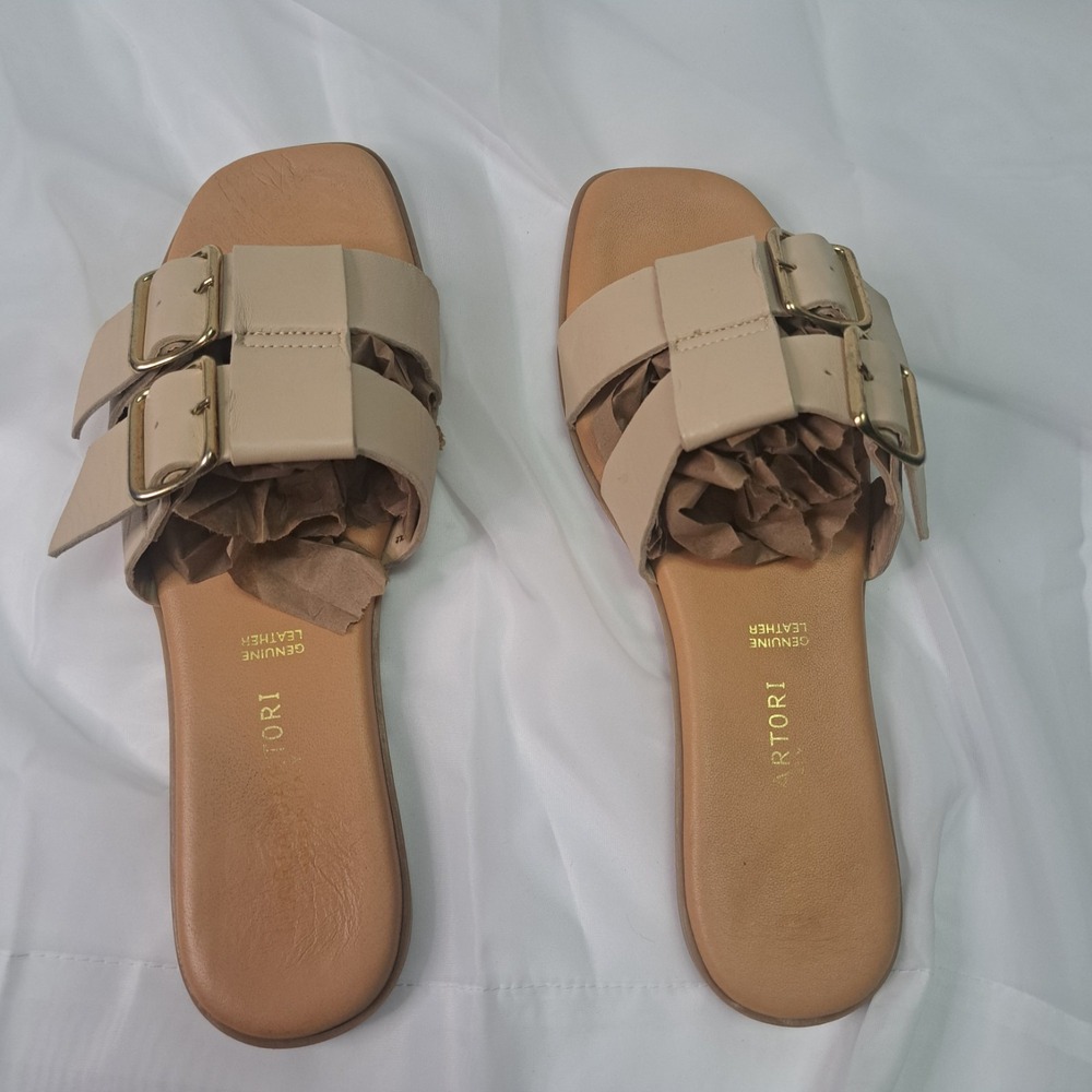 Ilaria Sartori Flat Slide Sandals Sz 9 Beige Made In Italy‎ Genuine Leather - Picture 6 of 7